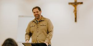 Greg Boudreaux giving a Catholic music lecture